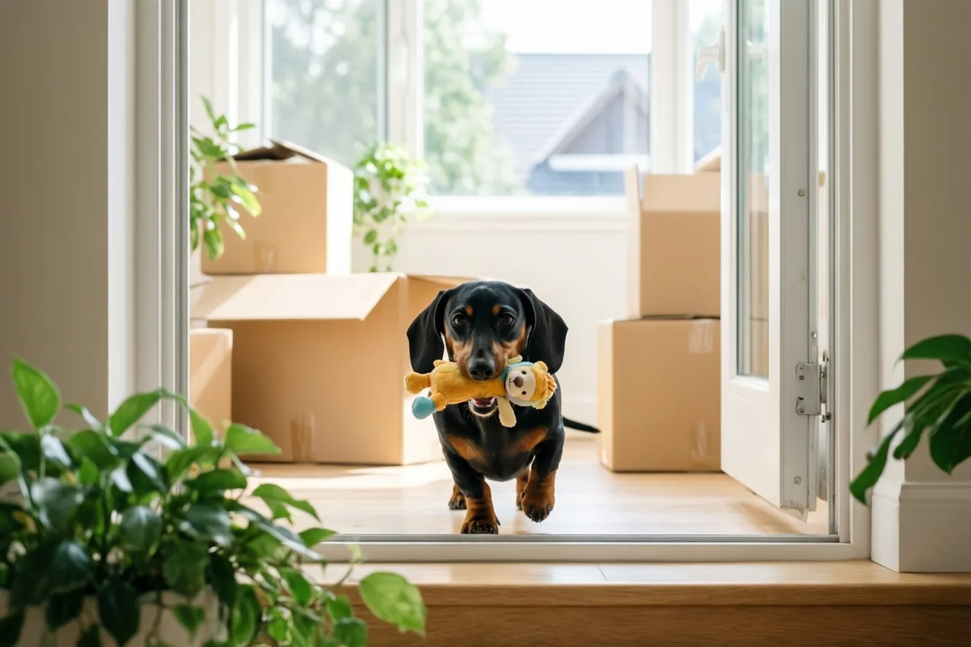 Een zwartbruine teckel loopt met een gele knuffel in zijn bek door een deuropening, met verhuisdozen achter zich en groene kamerplanten op de voorgrond.