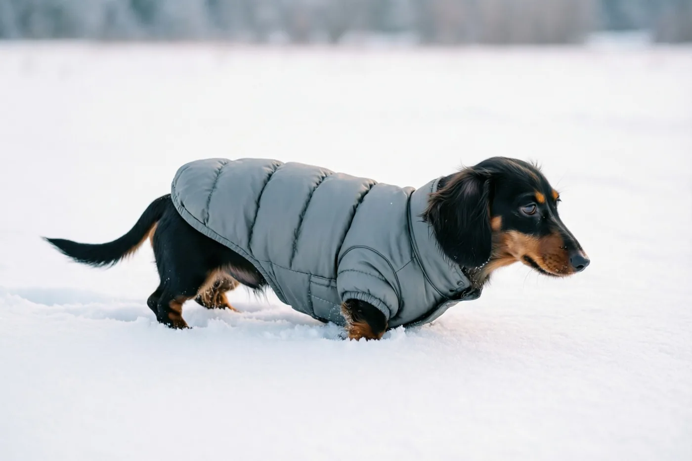 Een teckel in een grijze gewatteerde winterjas sleept zijn buik door diepe sneeuw in een veld met wazige bomen op de achtergrond.