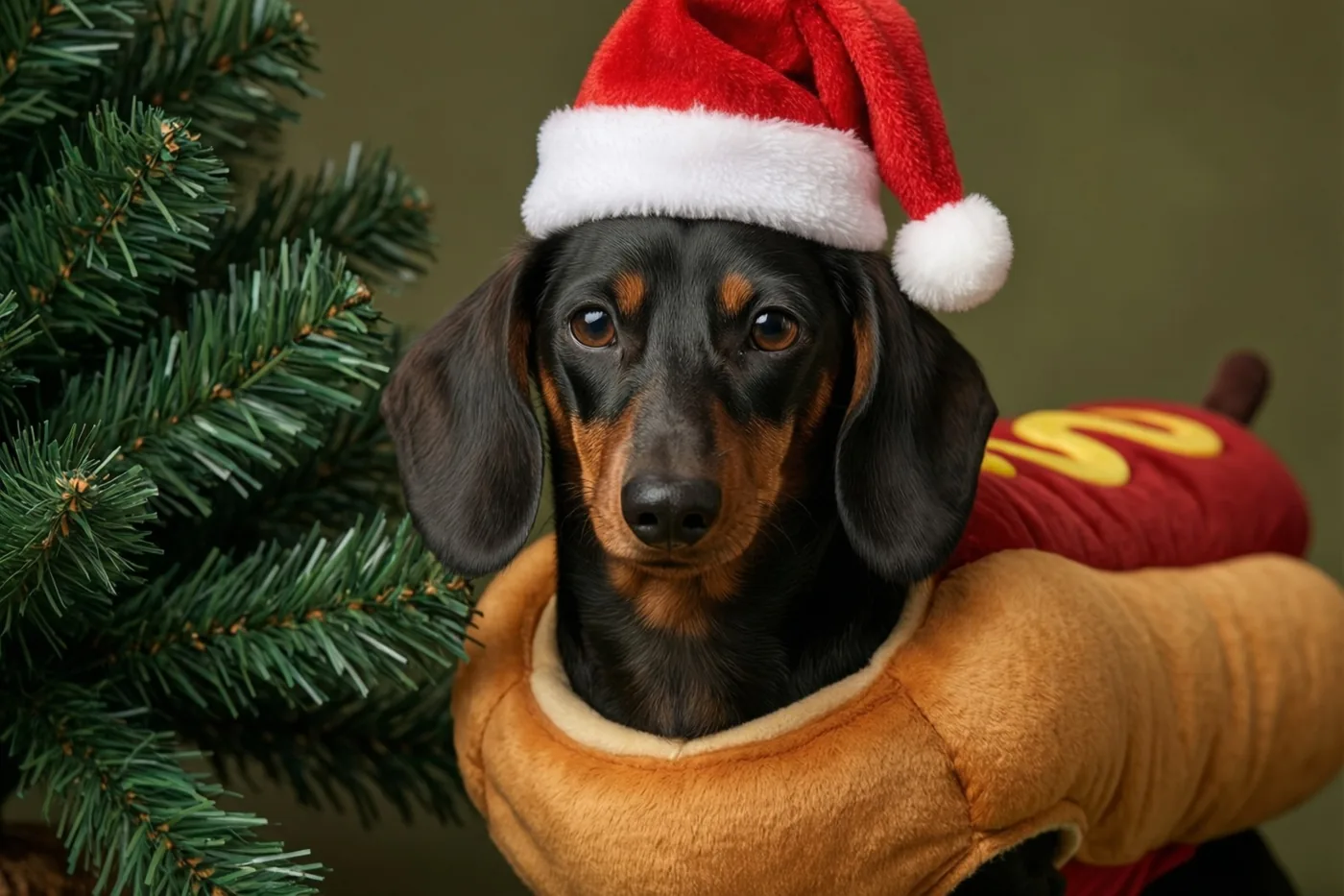 Een teckel met een kerstmuts en een hotdogpak bevindt zich naast een groene kerstboom.