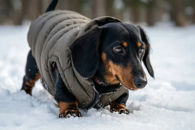Teckel als kleine sneeuwruimer