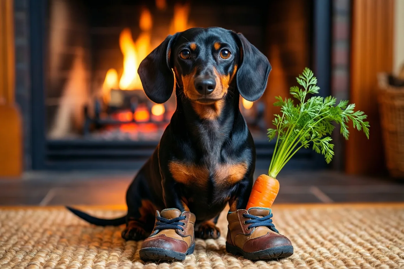 Een zwartbruine teckel met kinderschoenen aan zit op een geweven tapijt voor een haard, met een wortel met loof naast zijn rechterschoen.