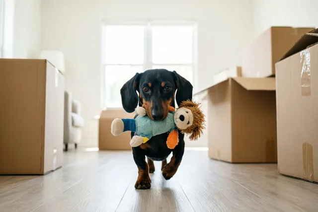 Teckel pakt zijn knuffel in