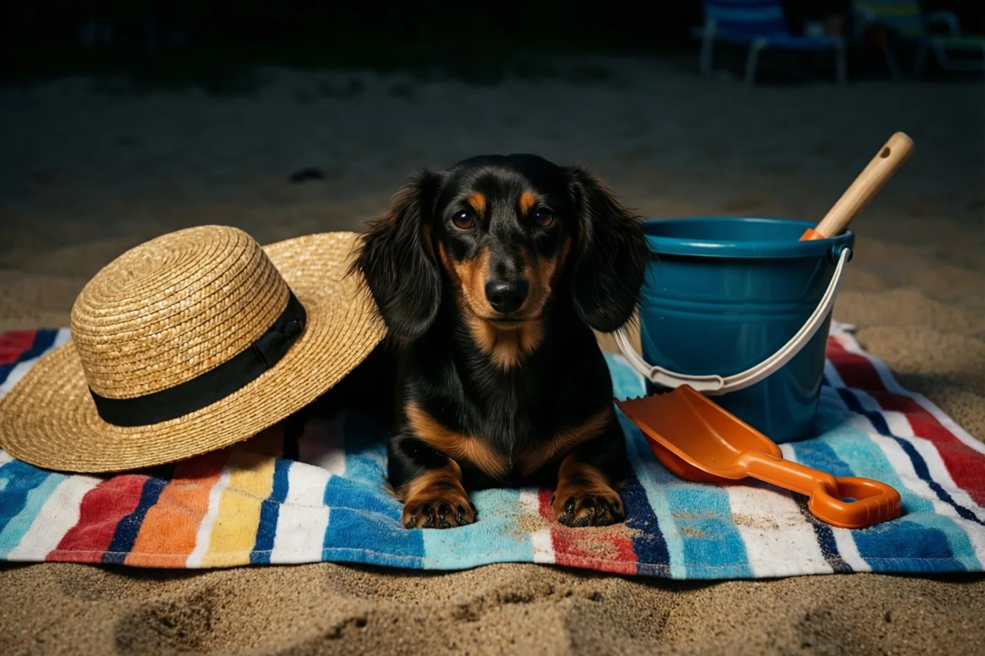 Een zwartbruine teckel ligt op een kleurrijk gestreepte strandhanddoek in het zand, naast een strohoed, een blauwe emmer en een oranje schepje.