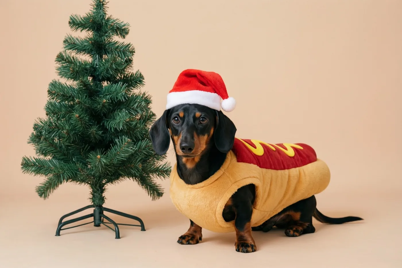 Een zwartbruine teckel met een rood-geel hotdogpak en een kerstmuts staat naast een klein kerstboompje tegen een effen beige achtergrond.
