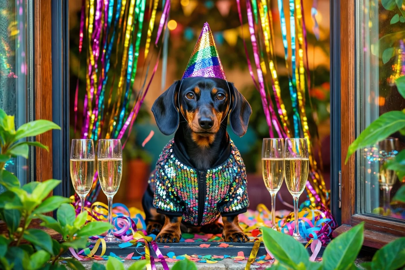 Een teckel met een paillettenjasje en een feesthoedje zit op een vensterbank tussen champagneglazen en kleurrijke slingers.