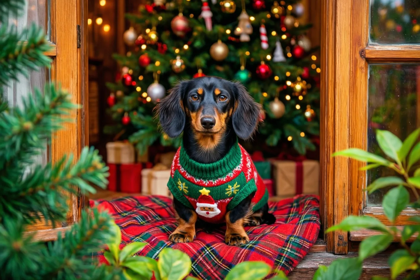 Een teckel in een feestelijke gebreide trui zit op een rode geruite deken voor een versierde kerstboom, in warm licht en omkaderd door houten raamkozijnen.
