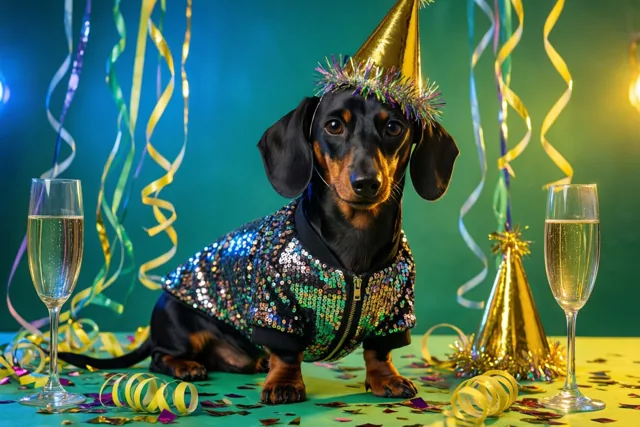 Een teckel vol nieuwjaarsglitter