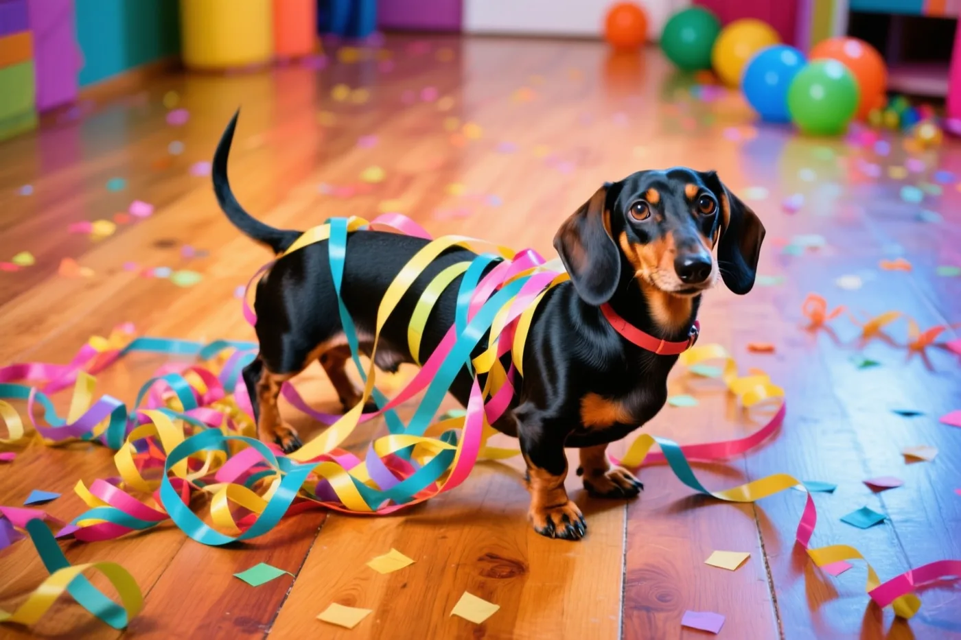 Een teckel zit verstrikt in kleurrijke slingers op een houten vloer, omringd door confetti en ballonnen.