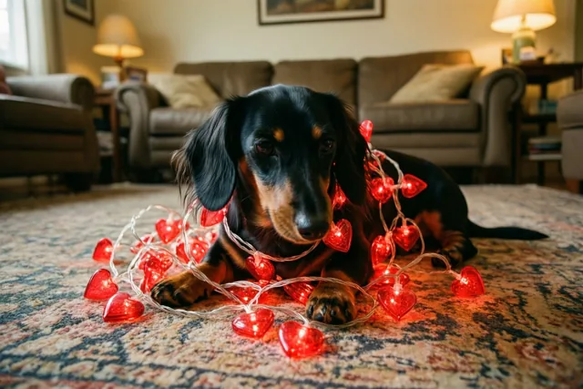 Een zwartbruine teckel ligt verstrikt in brandende rode hartjeslichtjes op een tapijt met patroon, met meubels op de achtergrond in een warm verlichte woonkamer.