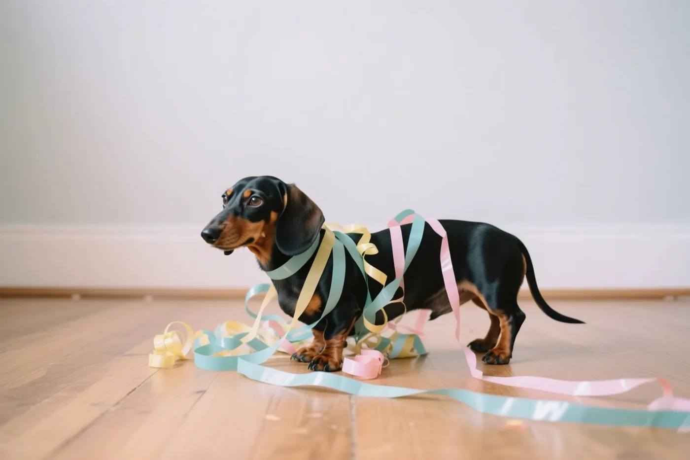 Een teckel staat verstrikt in pastelkleurige slingers op een houten vloer voor een effen witte muur in zacht daglicht.
