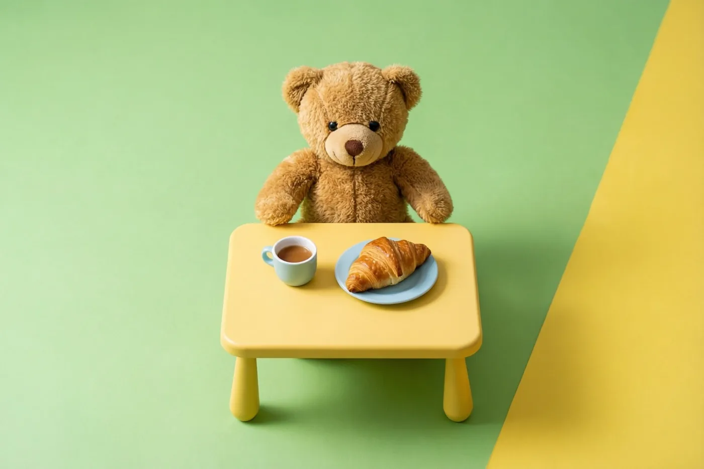 Een bruine teddybeer zit aan een klein geel tafeltje met een lichtblauw kopje koffie en een croissant op een bord, tegen een groen-gele achtergrond.
