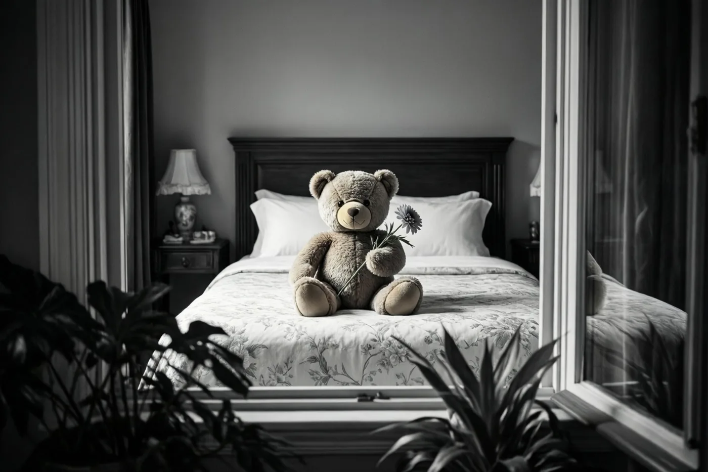 Een teddybeer met één bloem zit op een opgemaakt bed, gezien door een open raam met kamerplanten vooraan en een lamp op een nachtkastje.