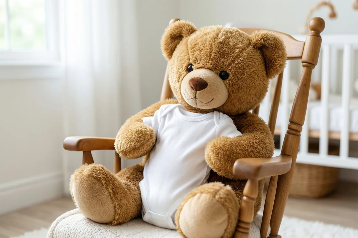 Een bruine teddybeer met een wit babypakje aan zit in een houten schommelstoel in een lichte babykamer.
