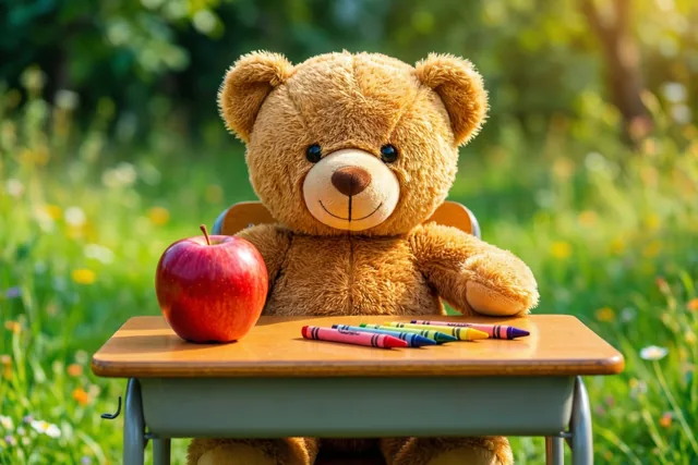 Een bruine teddybeer zit buiten aan een houten schoolbank met een rode appel en kleurkrijtjes, in een zonnig grasveld met wazig groen op de achtergrond.