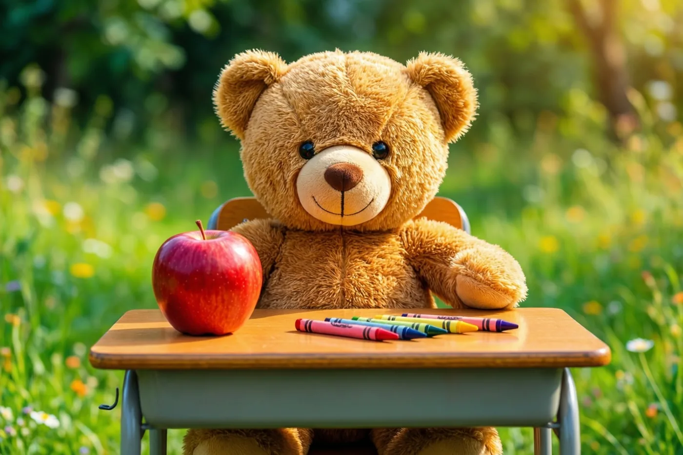 Een bruine teddybeer zit buiten aan een houten schoolbank met een rode appel en kleurkrijtjes, in een zonnig grasveld met wazig groen op de achtergrond.