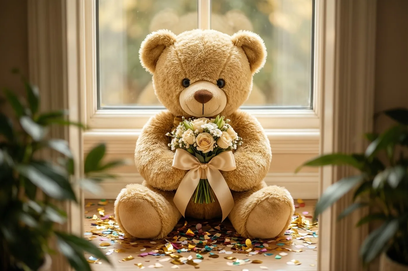 Een pluchen teddybeer zit voor een raam op een houten vloer met een boeketje witte en crèmekleurige bloemen aan een beige lint, tussen confetti en groene kamerplanten.