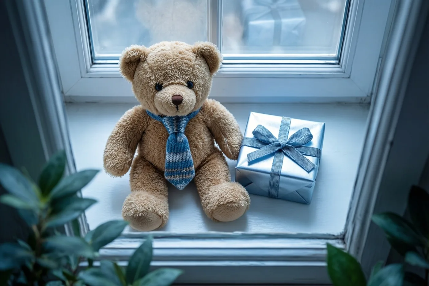 Een lichtbruine teddybeer met een blauwe gebreide das zit op een witte vensterbank naast een zilverkleurig ingepakt cadeau met een blauw lint, met groen op de voorgrond.
