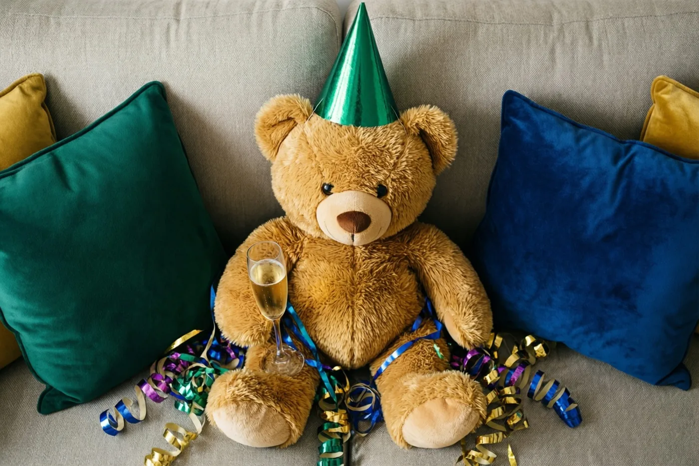 Een bruine teddybeer met een groen feesthoedje zit met een champagneglas op een beige zetel tussen kleurrijke slingers en groene en blauwe fluwelen kussens.