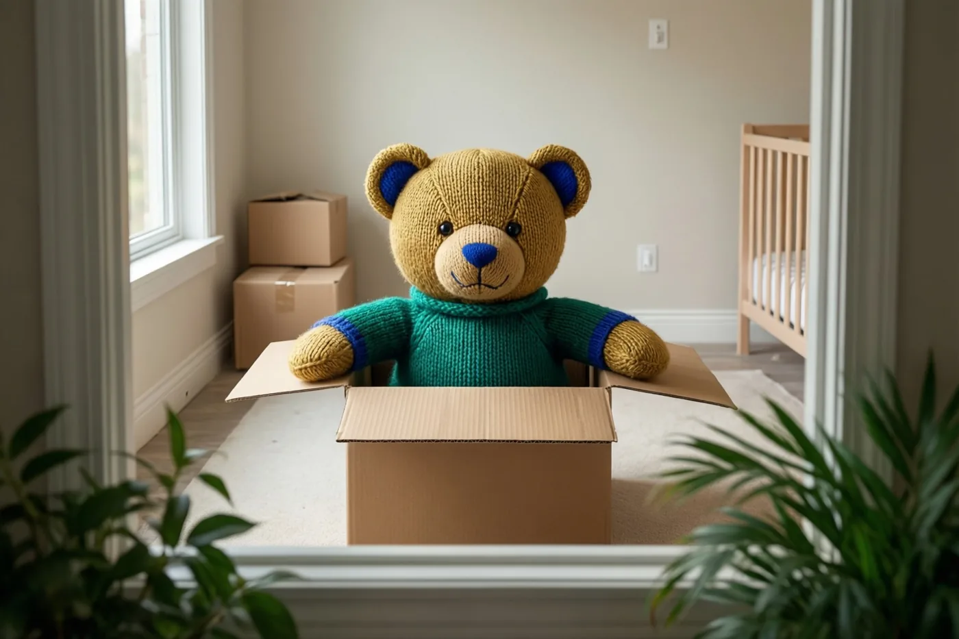 Een gebreide teddybeer met een groene trui kijkt uit een open kartonnen doos in een kinderkamer met een babybedje achteraan, planten vooraan en een wit kozijn rondom het beeld.