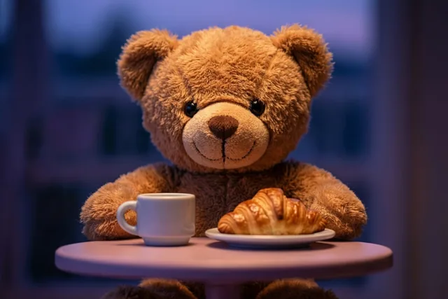 Een bruine teddybeer zit aan een klein rond tafeltje en houdt een wit kopje en een bord met een croissant vast, tegen een zacht vervaagde blauwe achtergrond.