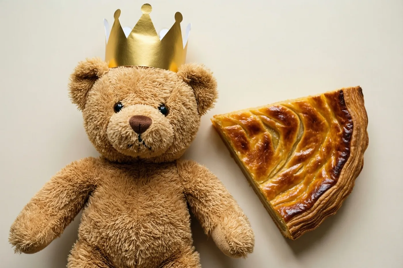 Een pluchen teddybeer met een gouden papieren kroon zit naast een goudbruin stuk galette op een effen gebroken witte ondergrond.