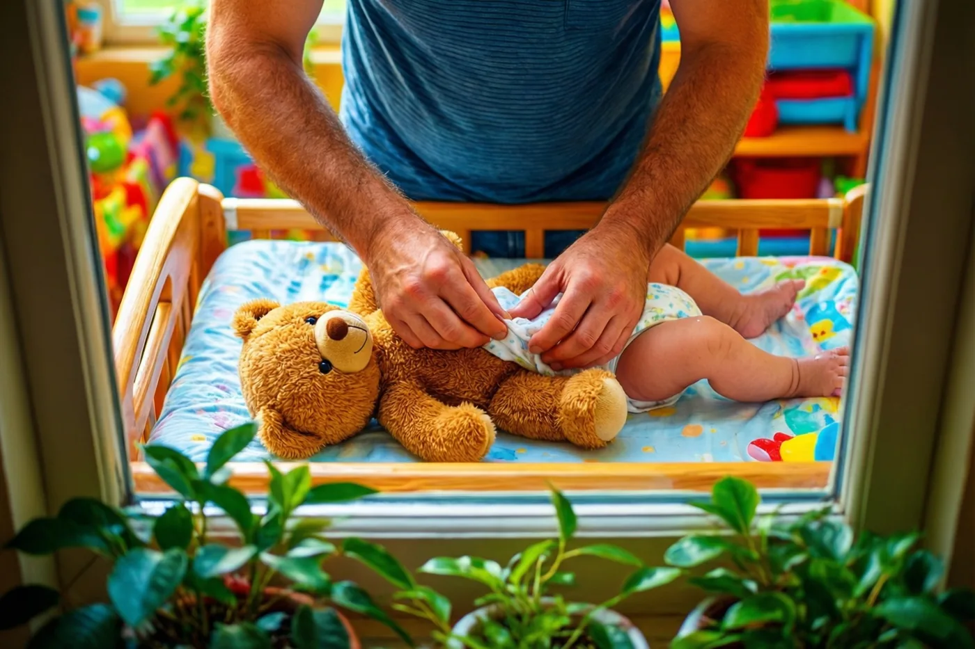 Door een raam met potplanten zijn van bovenaf vaderhanden te zien die een teddybeer een luier omdoen op een verzorgingstafel in een kleurrijke babykamer met houten meubels en speelgoed.