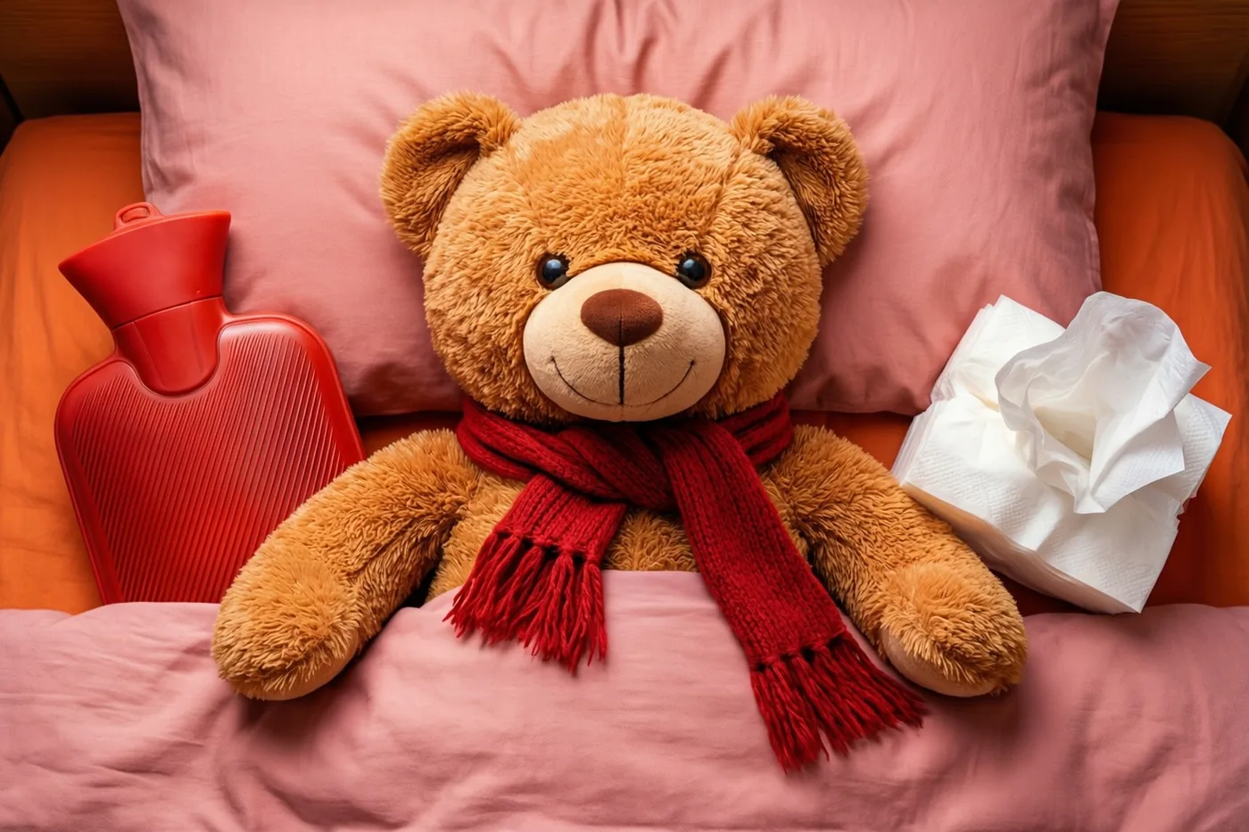 Een bruine teddybeer met een rode sjaal zit op een bed met roze beddengoed en oranje lakens, naast een rode warmwaterkruik en gebruikte zakdoekjes.