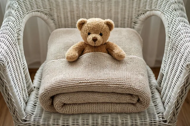 Een kleine bruine teddybeer zit op een opgevouwen beige gebreide babydeken op een witte rieten stoel in zacht licht.