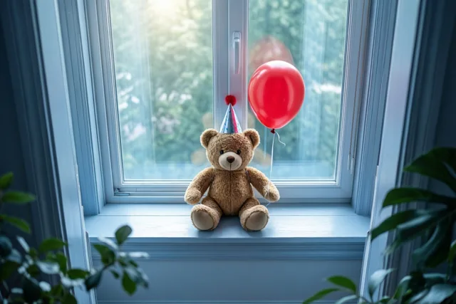 Een bruine teddybeer met een feesthoedje zit op een lichtblauwe vensterbank met een rode ballon, omringd door zacht zonlicht en planten.