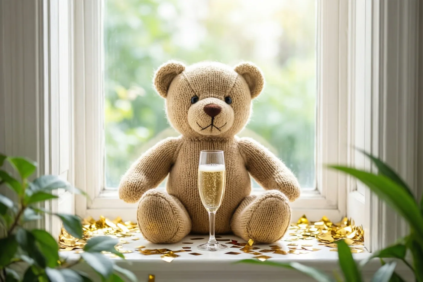 Een gebreide teddybeer zit op een vensterbank met een miniatuurchampagneglas tussen gouden confetti, met groen gebladerte op de voorgrond en achtergrond in zacht daglicht.