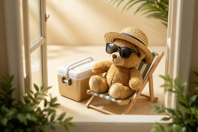 Teddy neemt verlof aan het raam