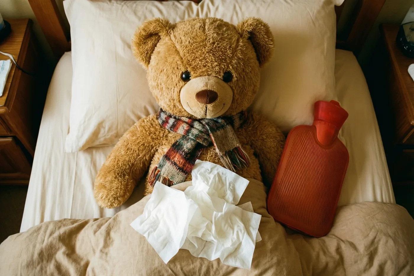 Een bruine teddybeer met een sjaal met motief ligt in beige beddengoed tussen gebruikte zakdoekjes en een rode warmwaterkruik, in een slaapkamer met houten meubels.