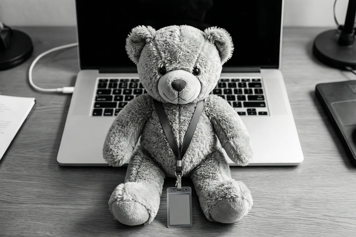 Op een zwart-witfoto zit een teddybeer met een onbedrukt halskoord op een houten bureau voor een open laptop.