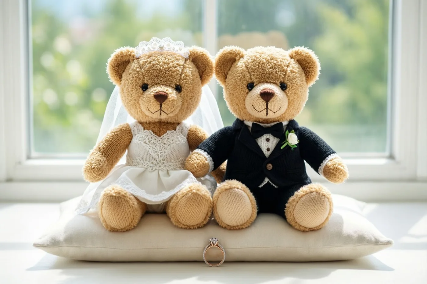 Twee teddyberen verkleed als bruid en bruidegom zitten op een wit ringkussen met een trouwring voor zich, bij een helder raam met groen buiten.