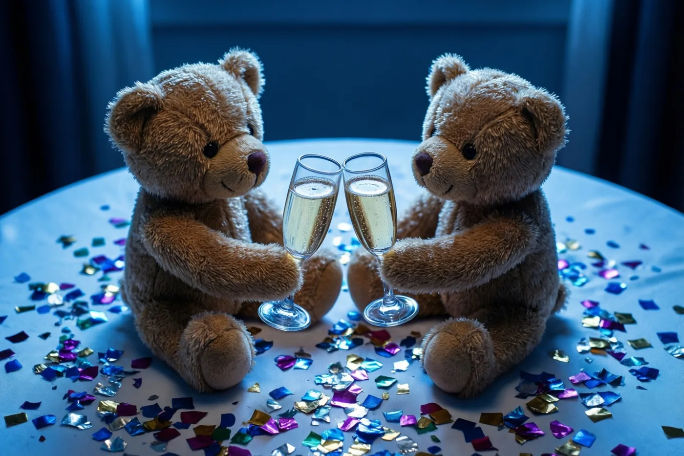Twee pluchen teddyberen klinken met kleine champagneglazen vol bubbels aan een tafel met kleurrijke confetti in koel blauw licht.