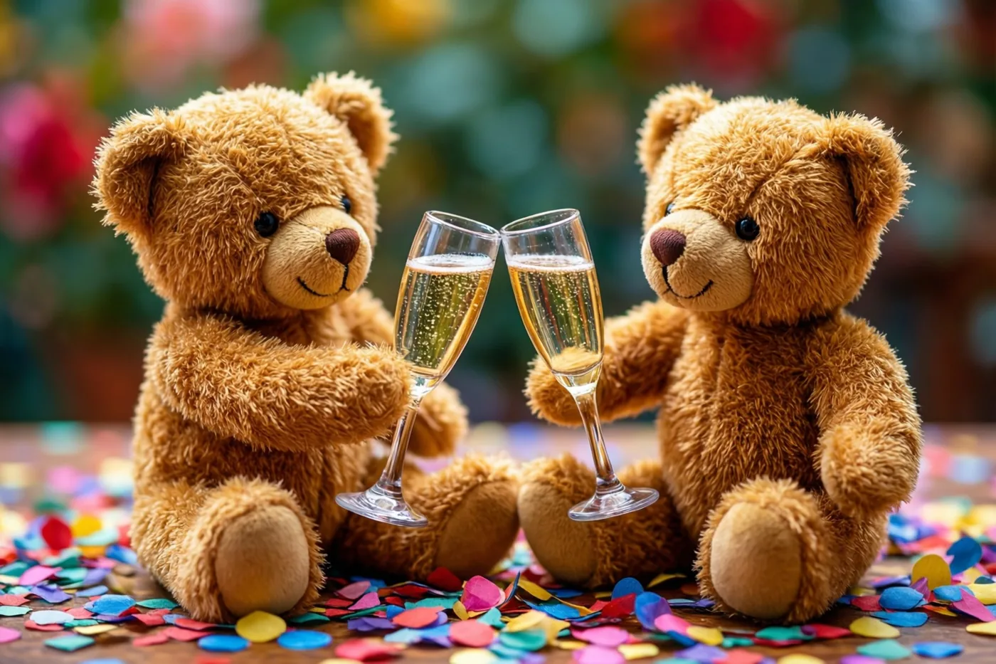 Twee pluchen teddyberen klinken met champagneglazen aan een tafel vol kleurrijke confetti, met een onscherpe bloemenachtergrond in warm licht.