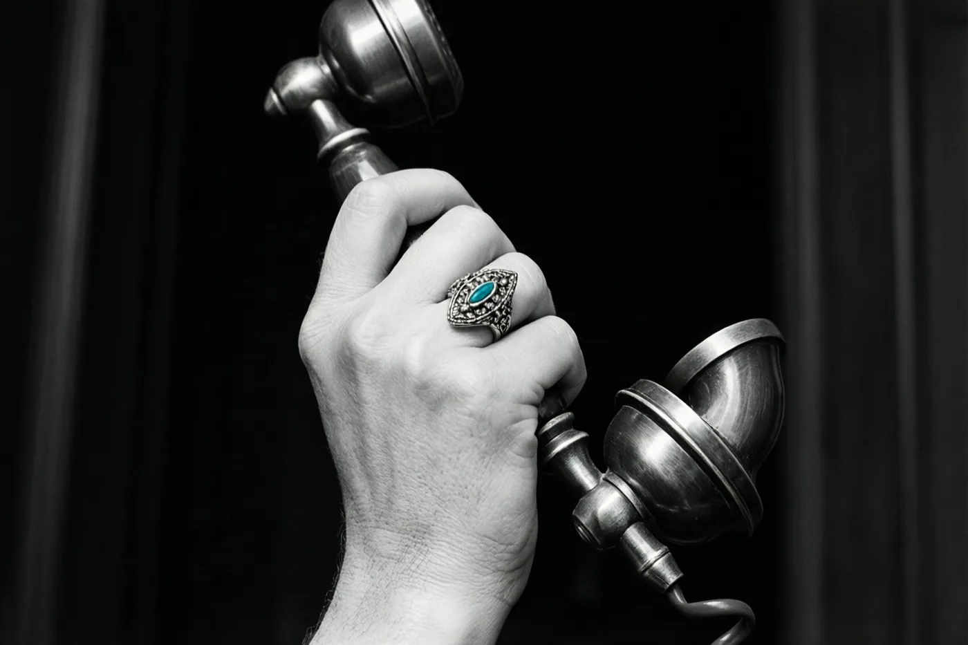 Een hand houdt een ouderwetse telefoonhoorn vast en draagt aan de ringvinger een opvallende ring met één blauwgroene steen, tegen een donkere achtergrond in verder monochrome tinten.