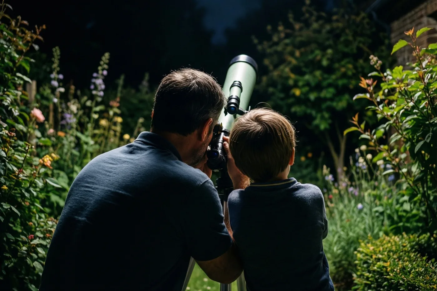 Een vader en kind kijken van achteren gezien door een telescoop in een nachtelijke tuin met zacht licht en donkere groen- en blauwtinten.