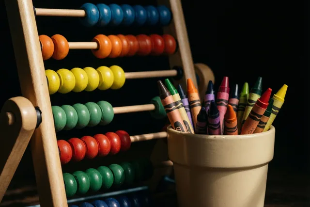 Een houten telraam met gekleurde kralen staat naast een beige pot met verschillende waskrijtjes tegen een donkere achtergrond.