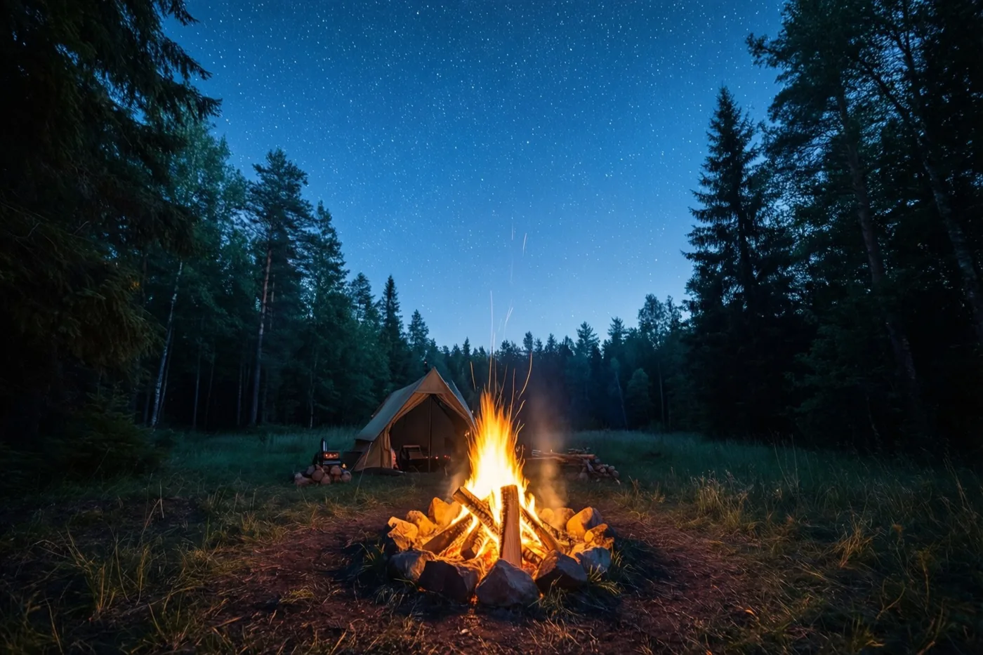 Een fel kampvuur brandt op een open plek in het bos onder een sterrenhemel, met een tent vlakbij.