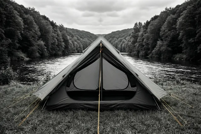 Een zwart-witfoto toont een tent op het gras naast een rivier, met beboste heuvels aan weerszijden onder een bewolkte hemel.