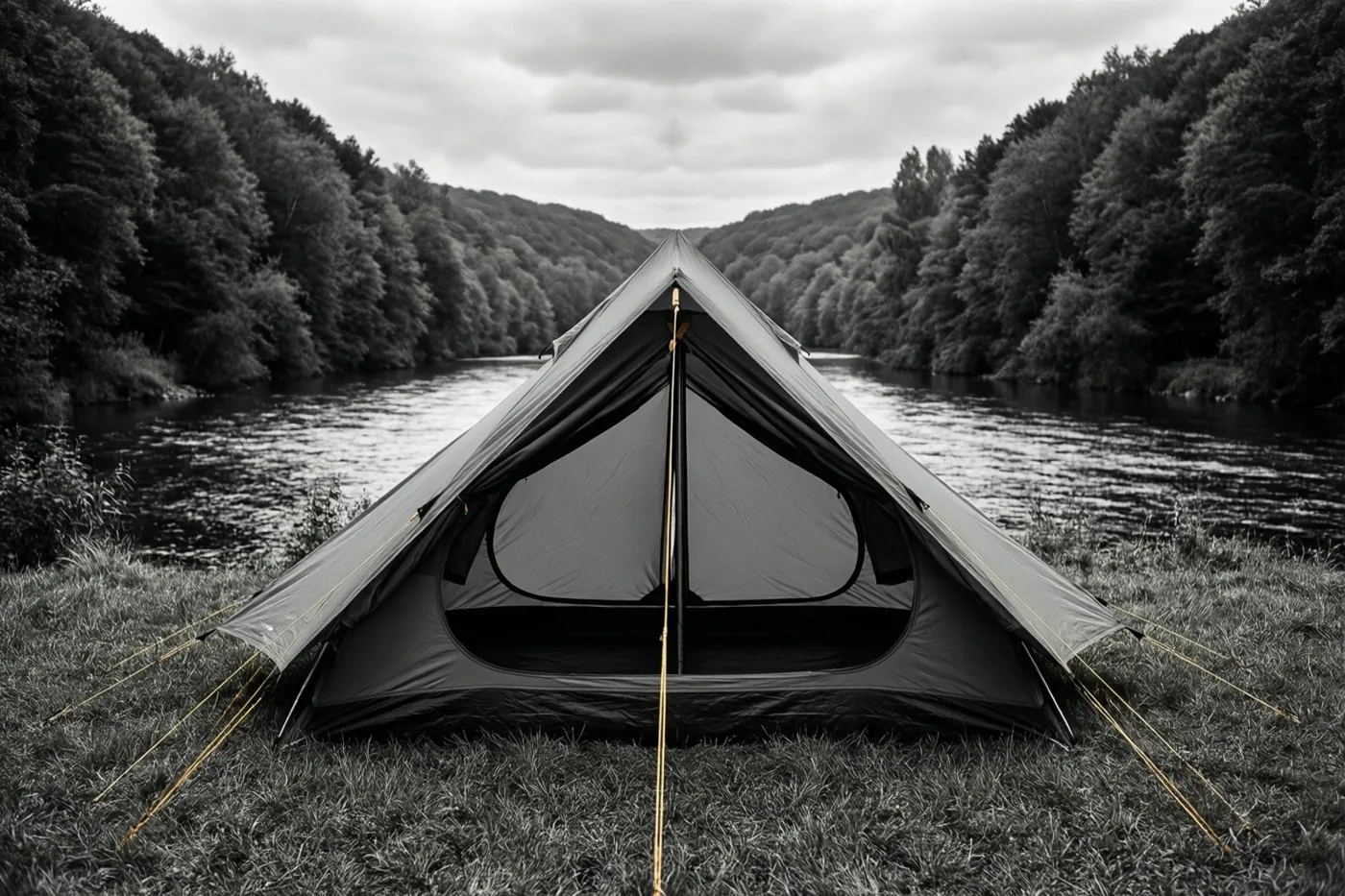 Een zwart-witfoto toont een tent op het gras naast een rivier, met beboste heuvels aan weerszijden onder een bewolkte hemel.