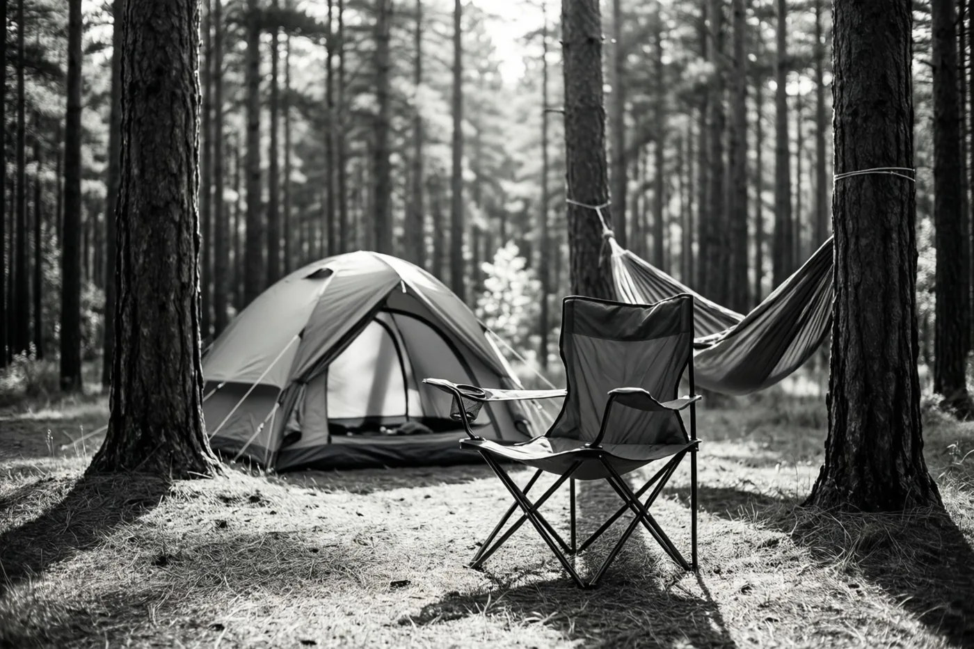 Een zwart-witfoto toont een zonnige kampeerplek met een tent, een kampeerstoel en een hangmat tussen de dennen.