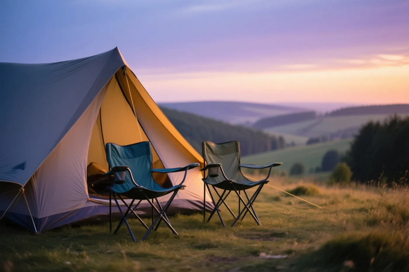 Een tent met twee klapstoelen staat op een grashelling, met groene heuvels en een paarse en oranje lucht bij zonsondergang.