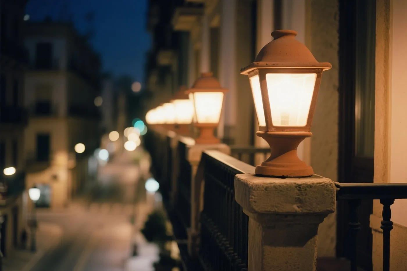 Een rij terracotta lampjes op een stenen balkonreling verlicht een stadsstraat met warmgeel licht onder een donkerblauwe hemel.