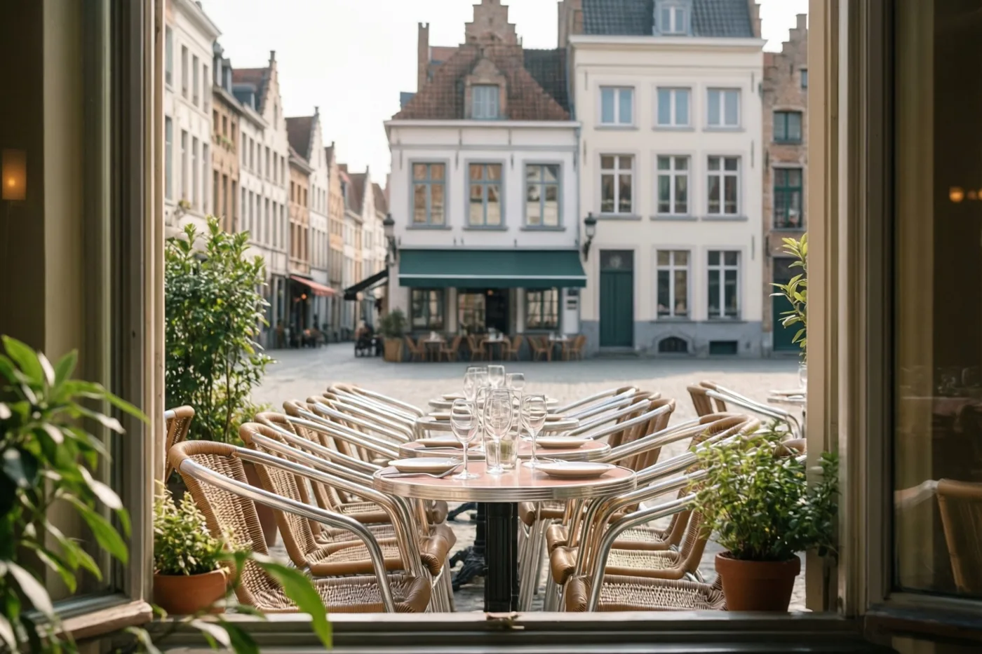 Vanuit een café kijk je door een raam met potplanten uit op een zonnig Vlaams plein met rijen terrastafels met glazen en traditionele gebouwen in warme tinten met groene accenten.