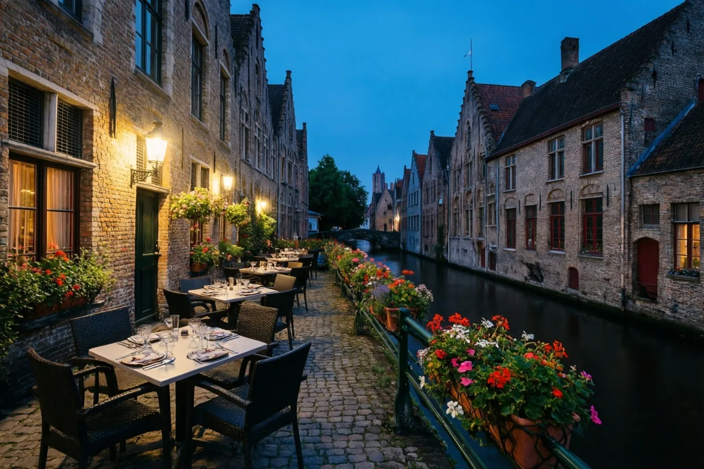 Op een terras met kasseien langs het water in een oud Vlaams stadje staan tafels, stoelen en bloembakken onder een diepblauwe schemerlucht in warm avondlicht.