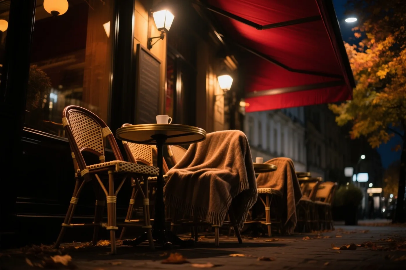 Een caféterras met dekens op de stoelen en een rode luifel wordt 's nachts verlicht door straatlampen, tussen gevallen herfstbladeren.