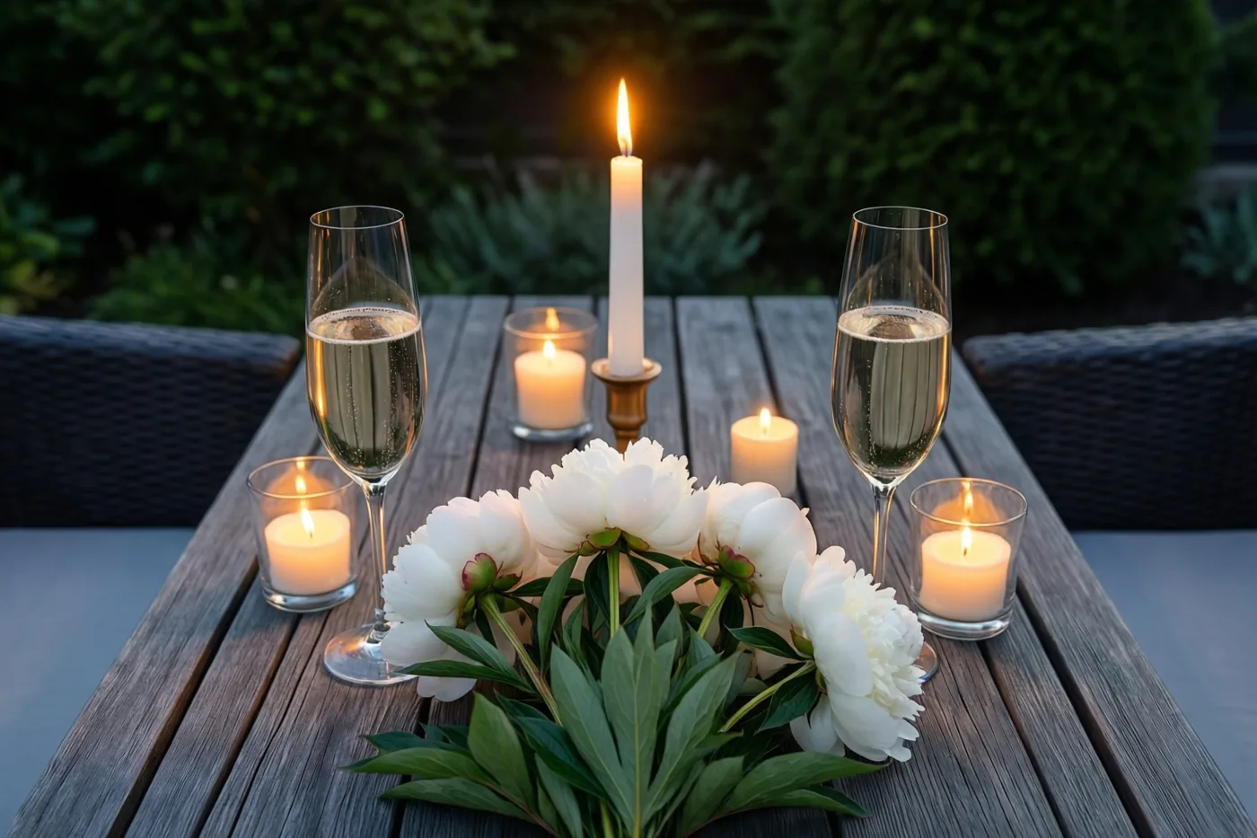 Een houten buitentafel is gedekt voor twee met champagneglazen, brandende kaarsen en een boeket witte pioenen, op een terras bij schemering met groen op de achtergrond.