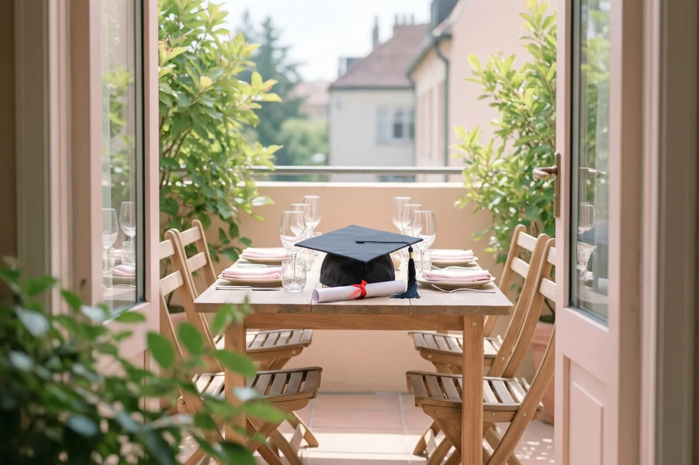 Door open glazen deuren is een houten tafel op een zonnig terras te zien, met stoelen, glazen, roze servetten, een afstudeerhoed en een opgerold diploma tussen het groen.
